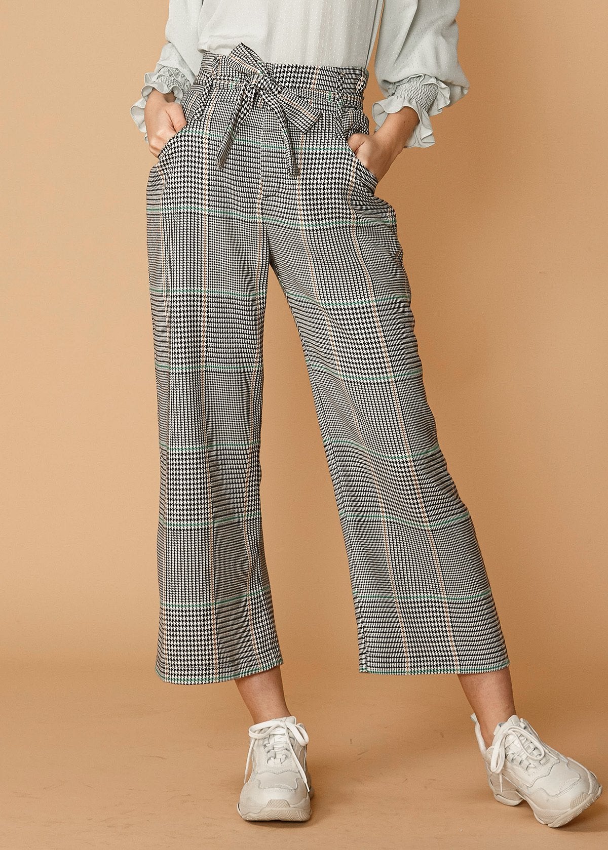 Women's Plaid Tie Waist Cropped Pants in Fall Glen - Horizon Bliss