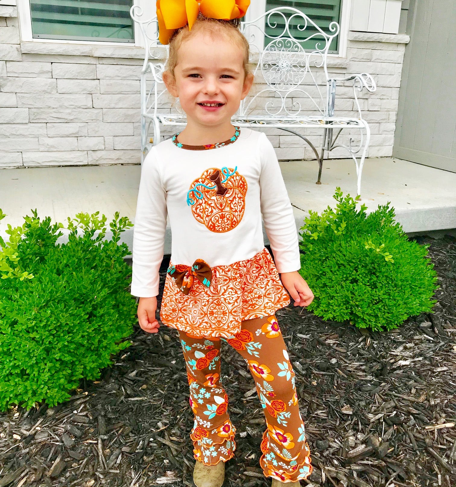 Big Girls Orange Pumpkin Autumn Floral Thanksgiving Tunic & Ruffle Pan - Horizon Bliss