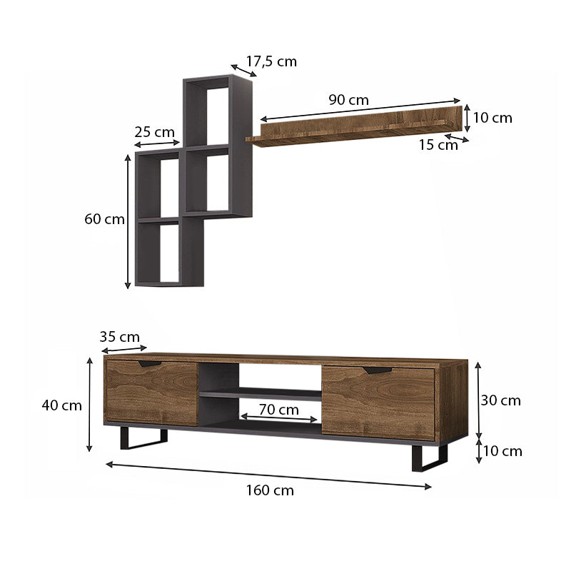 TV Stand CARRIBIC Walnut - Grey 160x35x40cm - Horizon Bliss