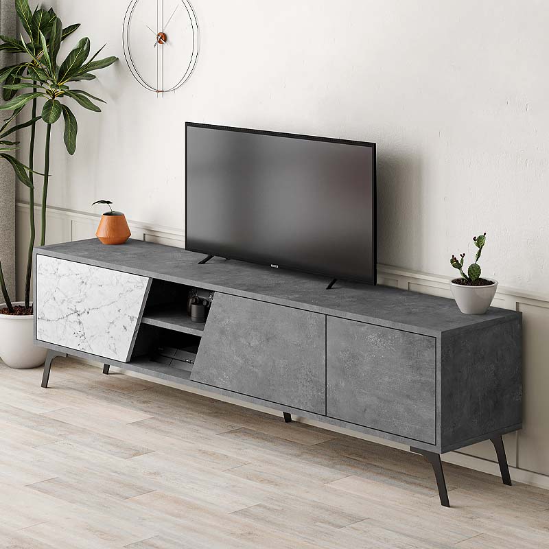 TV Stand CARLITO Retro Grey - White Marble Effect 180x35,6x48cm - Horizon Bliss