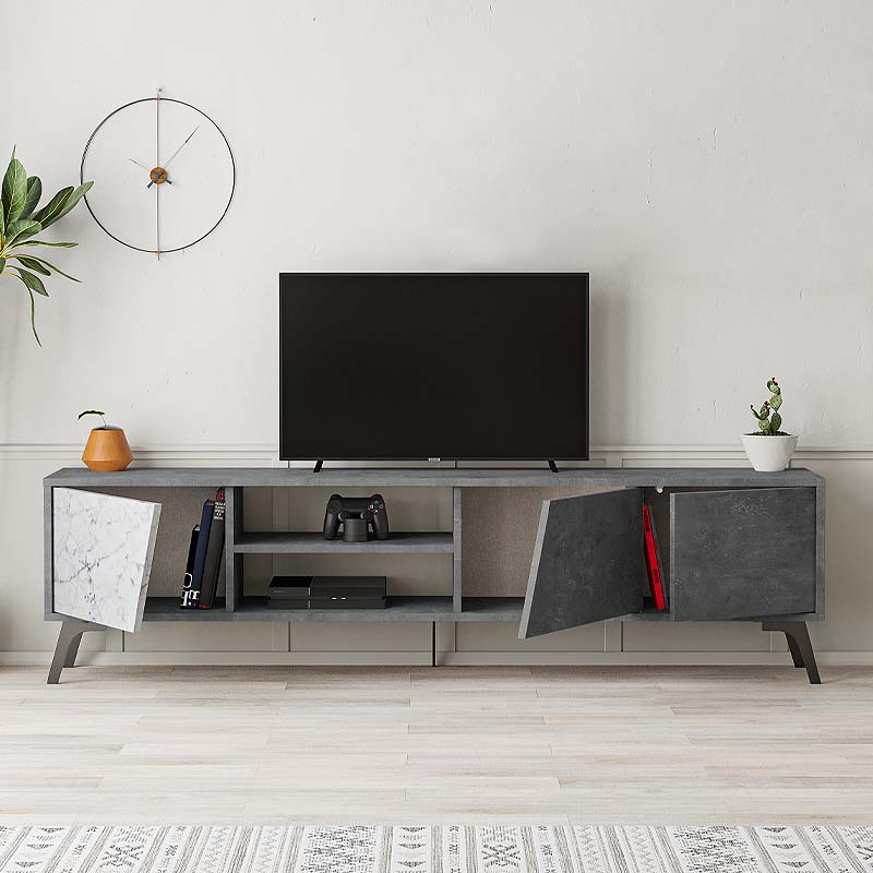 TV Stand CARLITO Retro Grey - White Marble Effect 180x35,6x48cm - Horizon Bliss