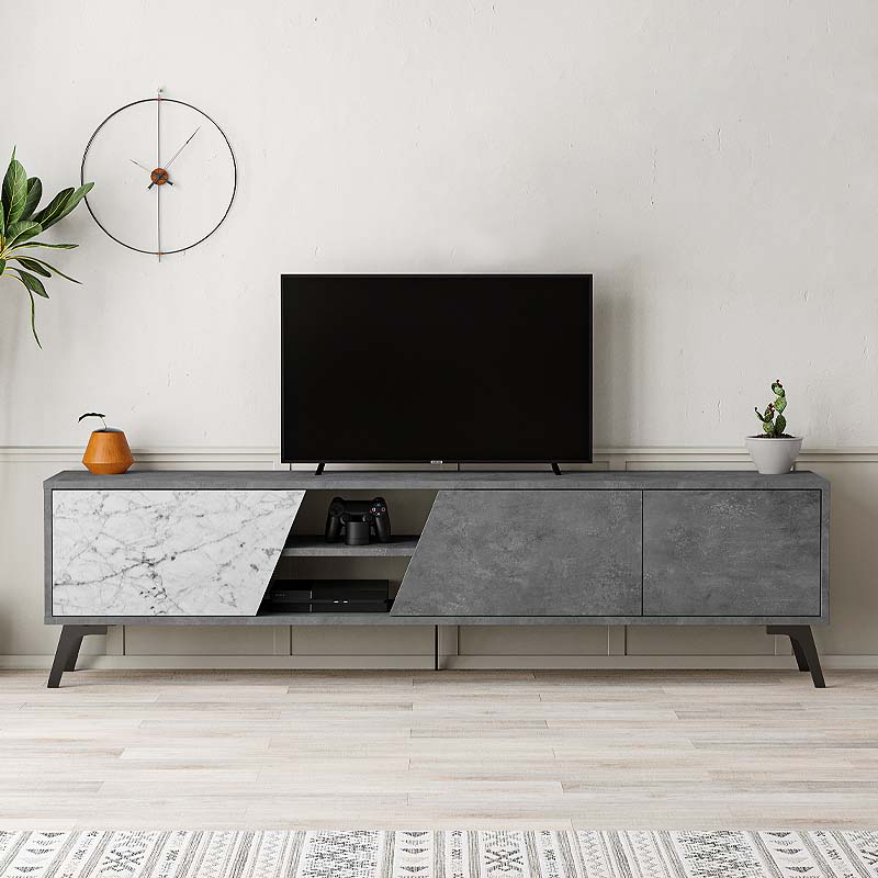 TV Stand CARLITO Retro Grey - White Marble Effect 180x35,6x48cm - Horizon Bliss