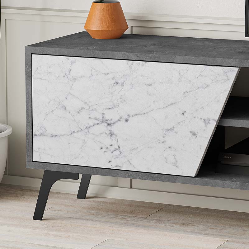 TV Stand CARLITO Retro Grey - White Marble Effect 180x35,6x48cm - Horizon Bliss