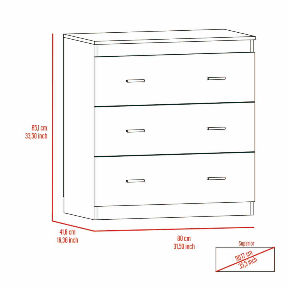 Three Drawer Dresser Whysk, Superior Top, Handles, White Finish - Horizon Bliss