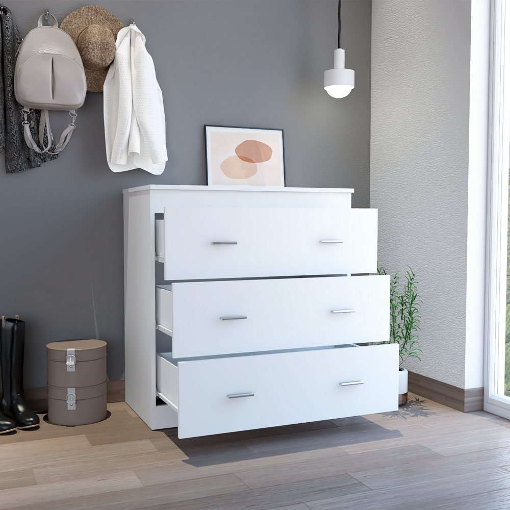 Three Drawer Dresser Whysk, Superior Top, Handles, White Finish - Horizon Bliss