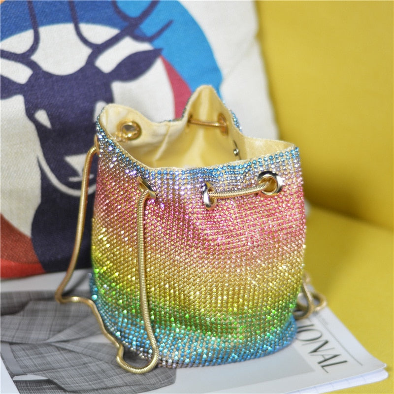 Crystal Bucket Bag for Women Multicolor Rhinestone Beaded Ladies