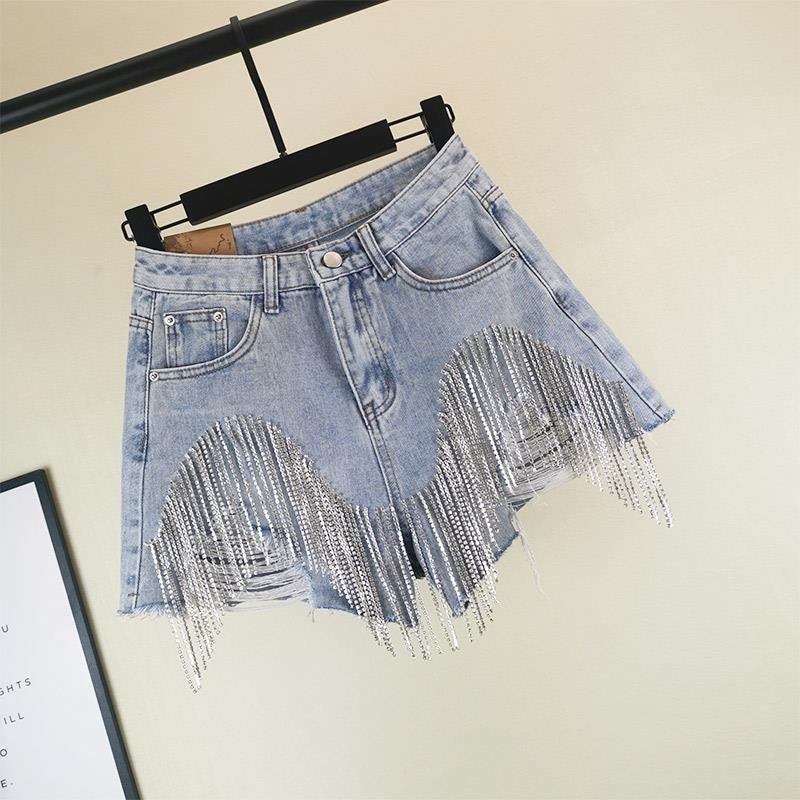 Women luxurious Tassel Rhinestone Fringed Hole Jeans Shorts Female - Horizon Bliss