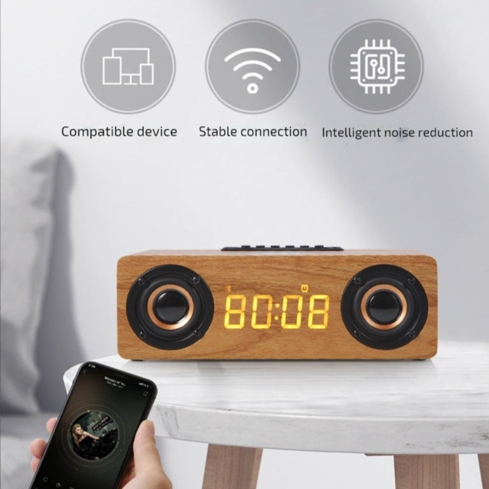 Wooden Retro Theme Wireless Charger Bluetooth Speaker Alarm Clock - Horizon Bliss