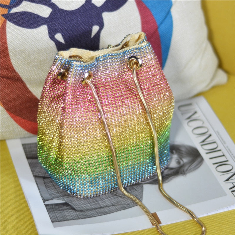 Crystal Bucket Bag for Women Multicolor Rhinestone Beaded Ladies