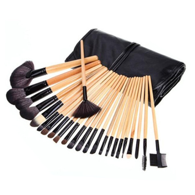 24Pcs Professional Makeup Brush Leather Bag Gift Cosmetic Eyeshadow