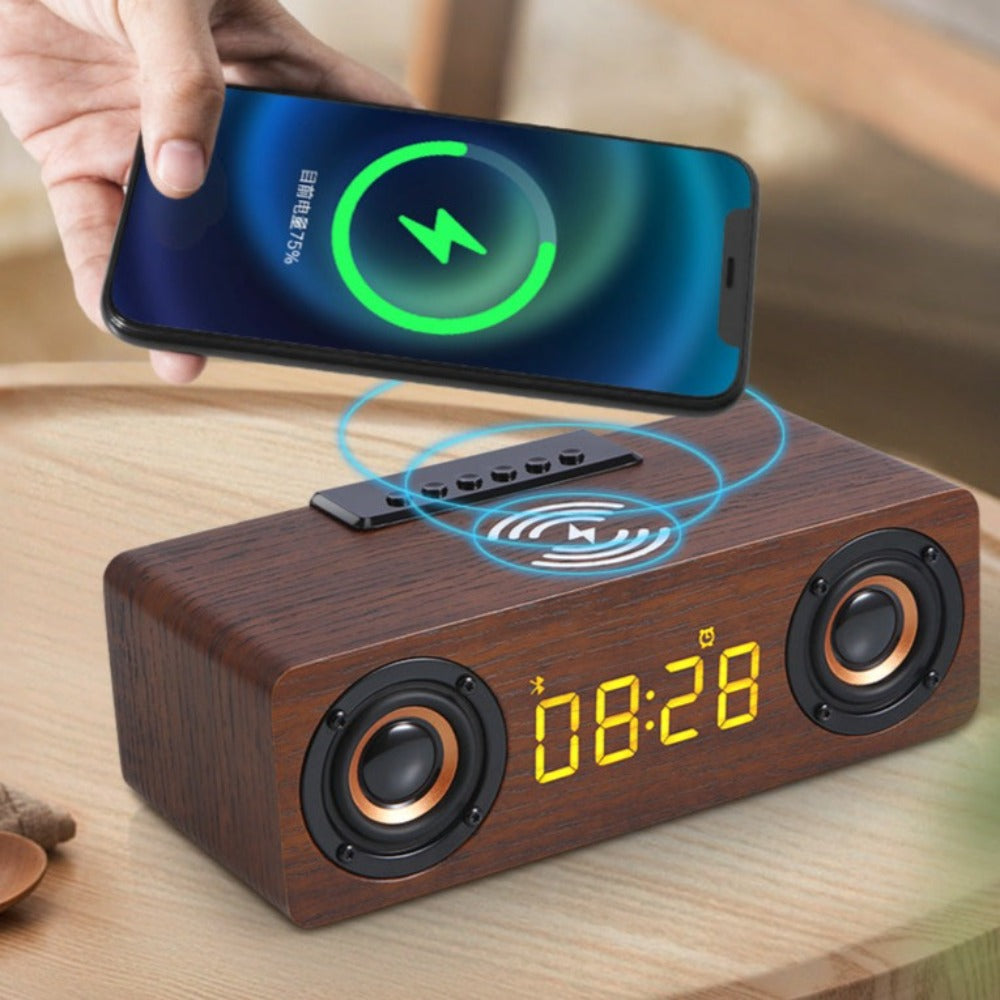 Wooden Retro Theme Wireless Charger Bluetooth Speaker Alarm Clock - Horizon Bliss