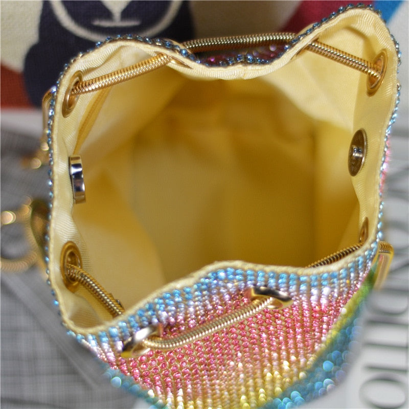 Crystal Bucket Bag for Women Multicolor Rhinestone Beaded Ladies