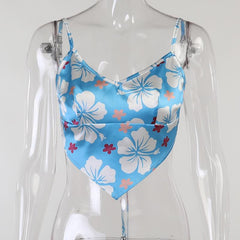 Satin Blue Y2k Crop Top Bandage Backless Floral Print Off Shoulder V - Horizon Bliss