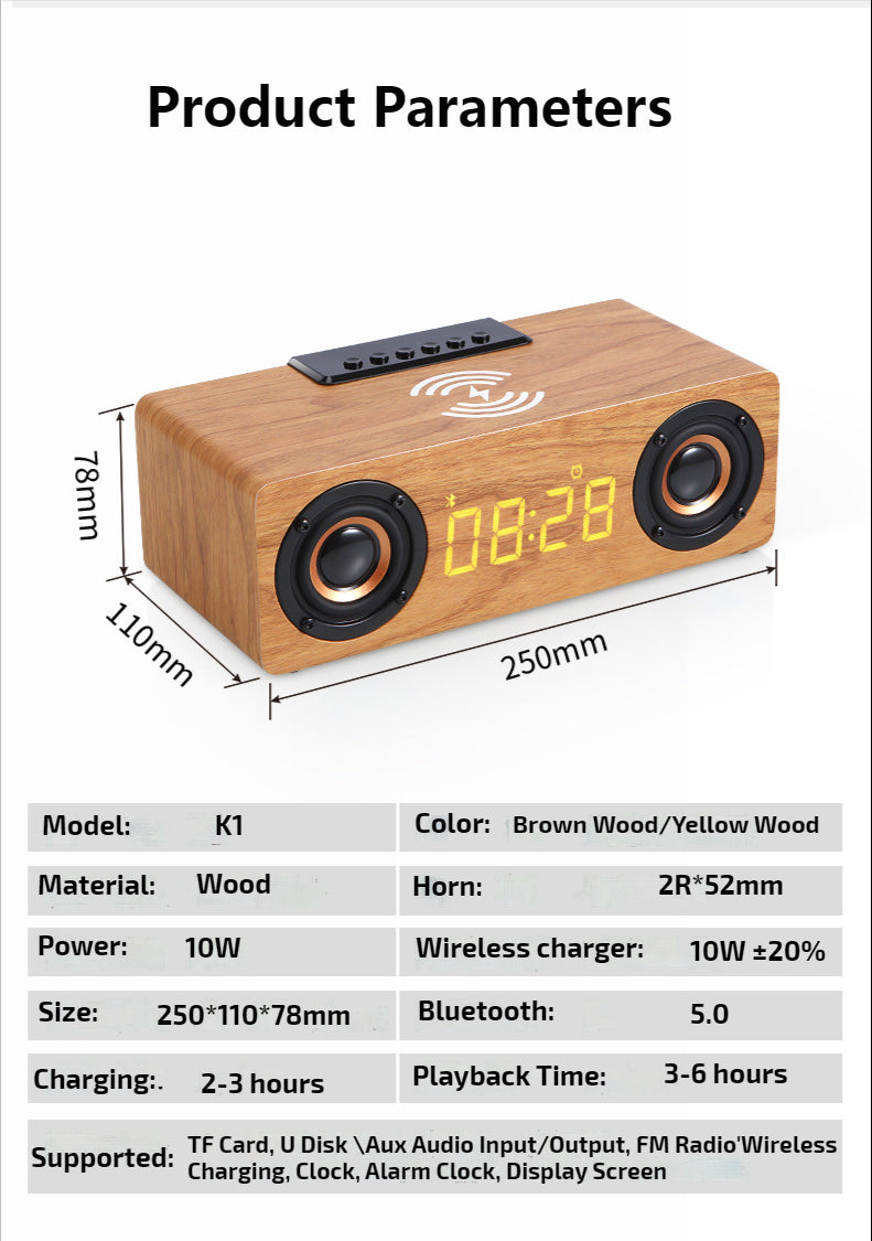 Wooden Retro Theme Wireless Charger Bluetooth Speaker Alarm Clock - Horizon Bliss