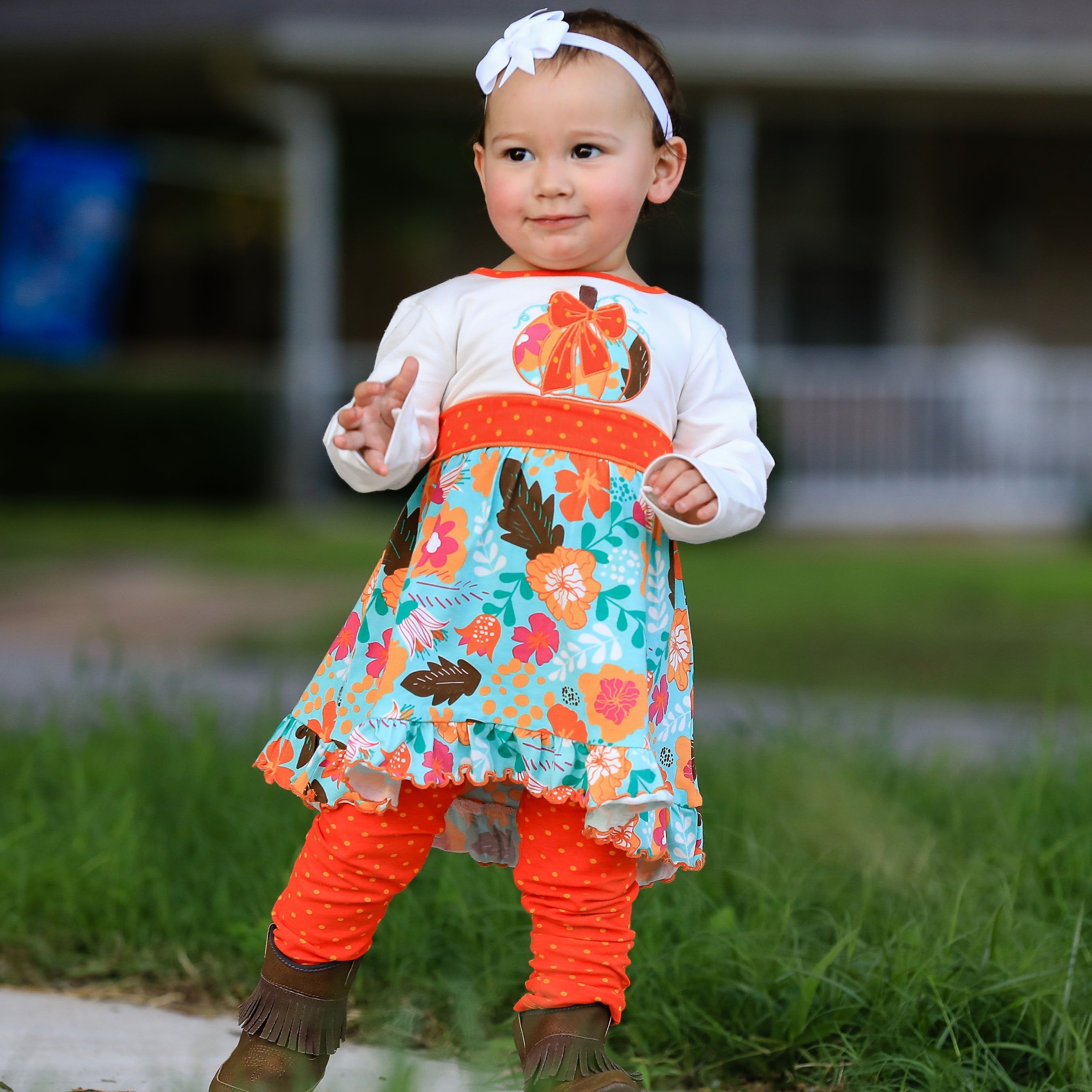 Girls Vibrant Autumn Floral Pumpkin Thanksgiving Dress & Leggings - Horizon Bliss