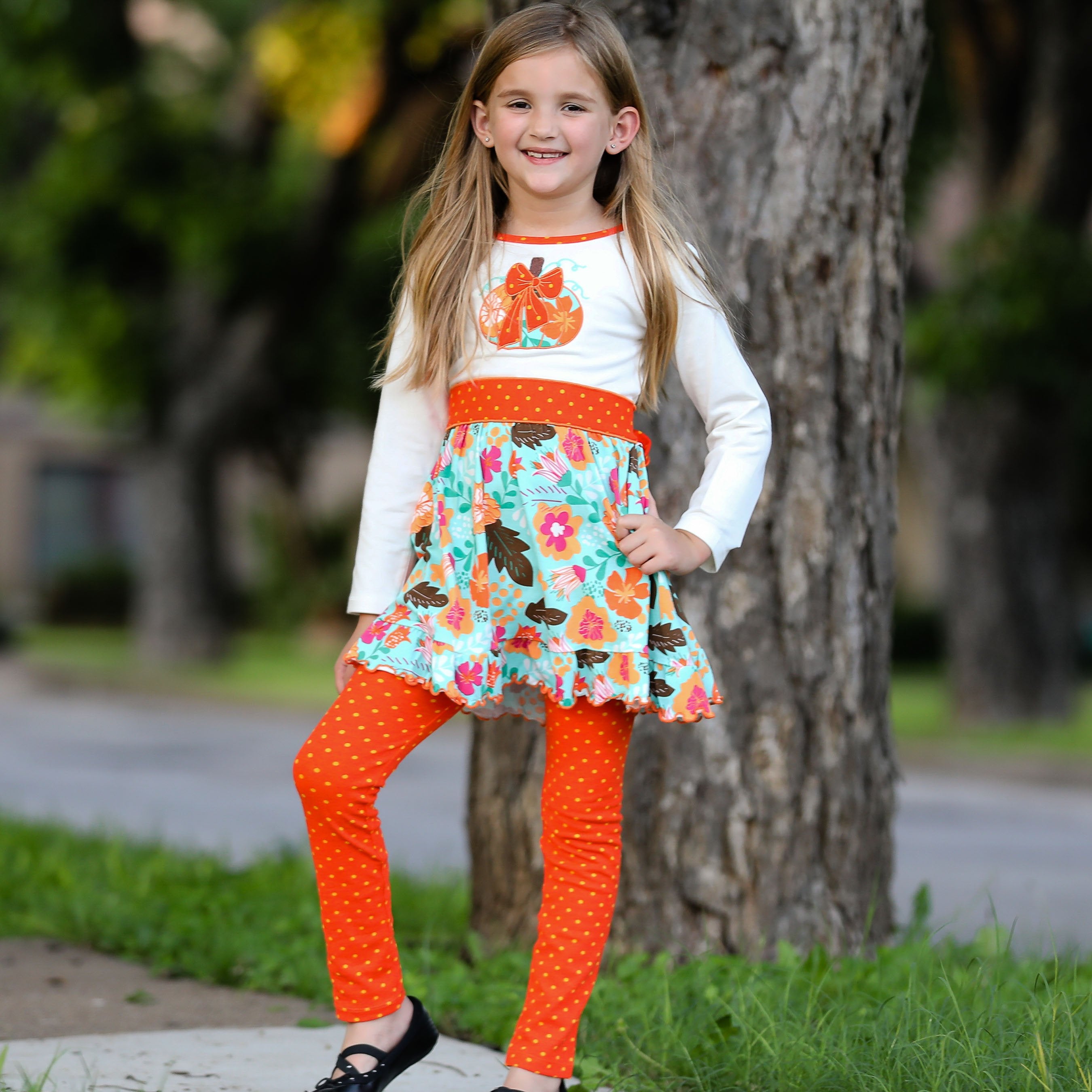 Girls Vibrant Autumn Floral Pumpkin Thanksgiving Dress & Leggings - Horizon Bliss