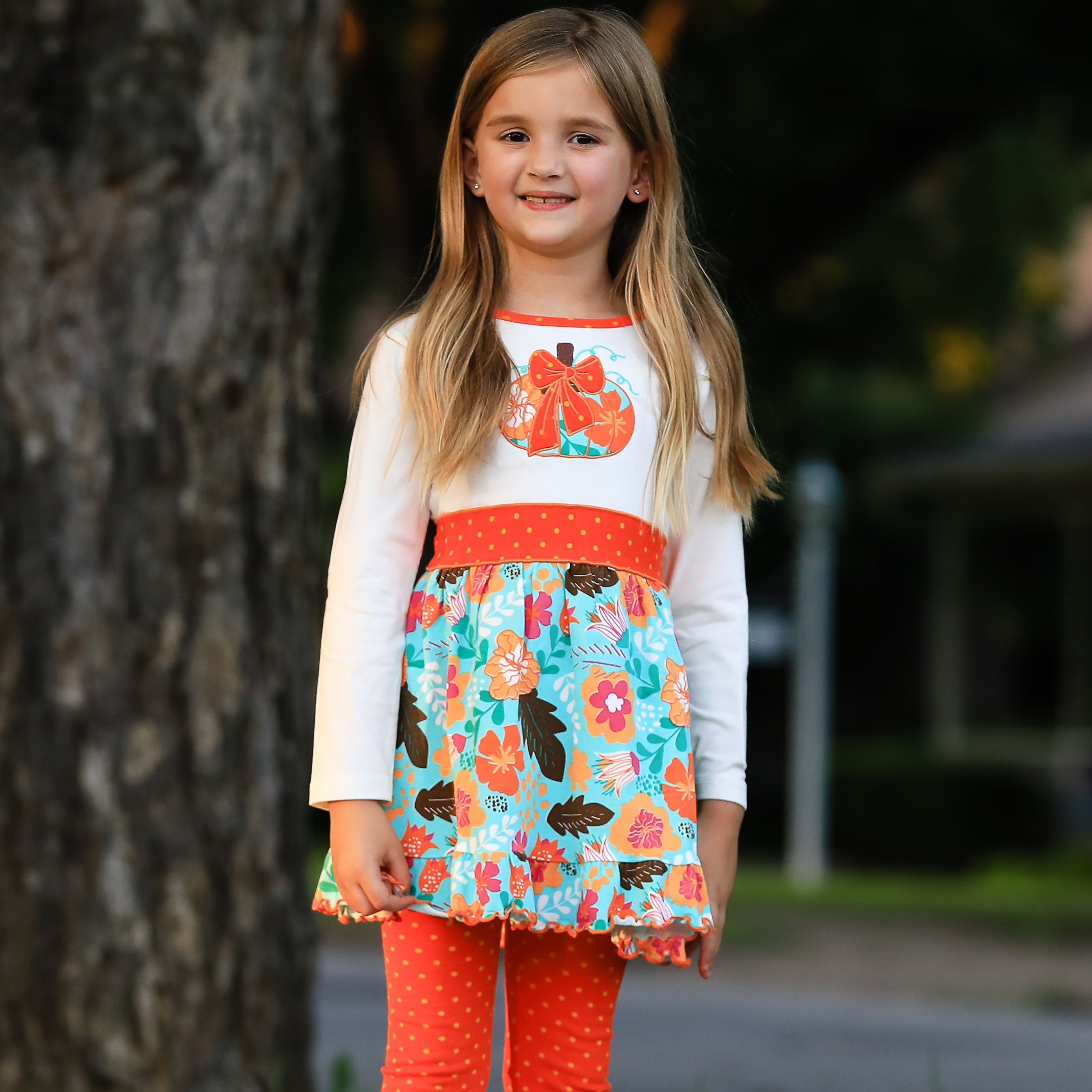 Girls Vibrant Autumn Floral Pumpkin Thanksgiving Dress & Leggings - Horizon Bliss