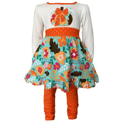 Girls Vibrant Autumn Floral Pumpkin Thanksgiving Dress & Leggings - Horizon Bliss