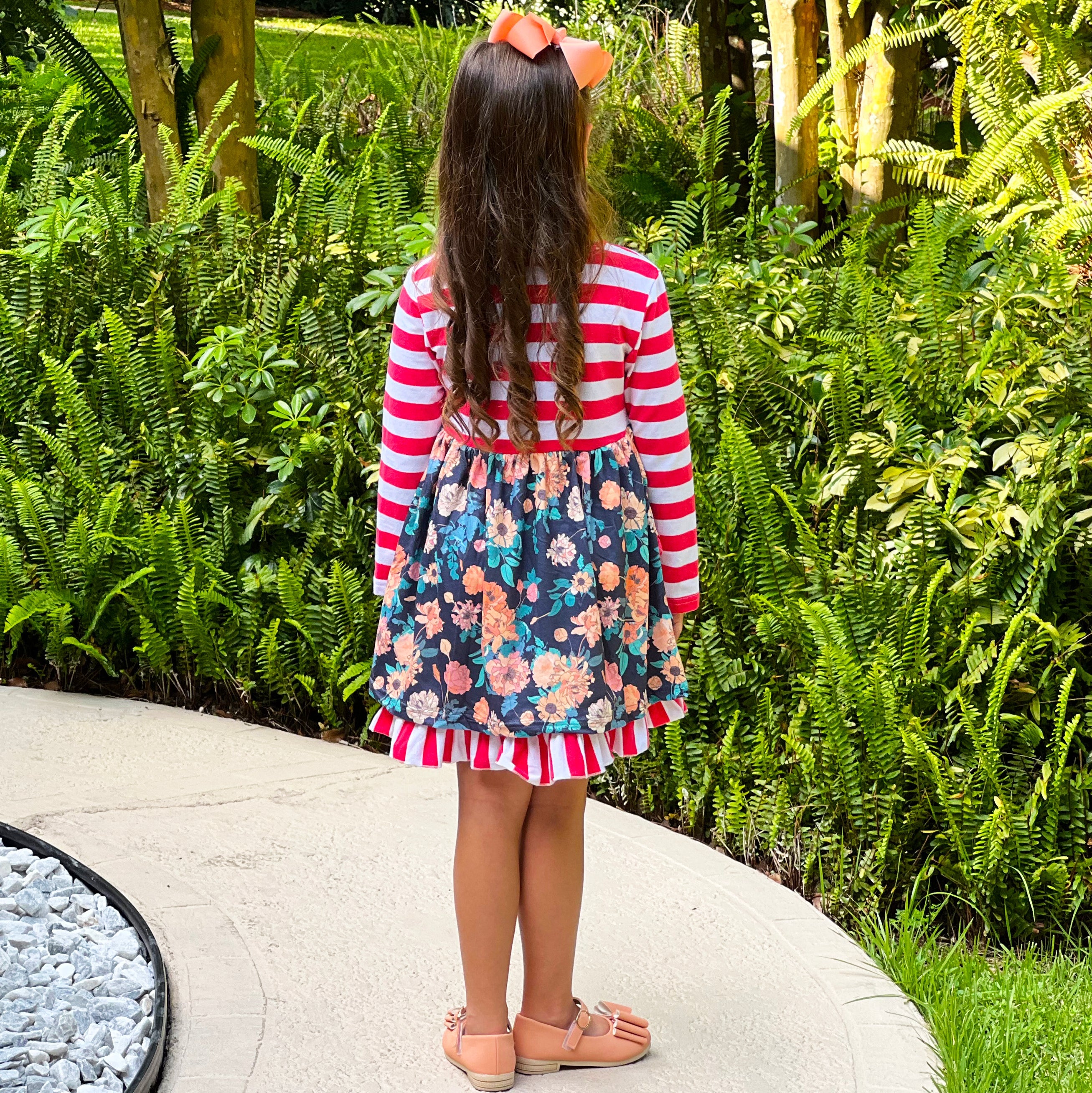 Girls Boutique Red Floral Striped Ruffled Holiday Dress - Horizon Bliss