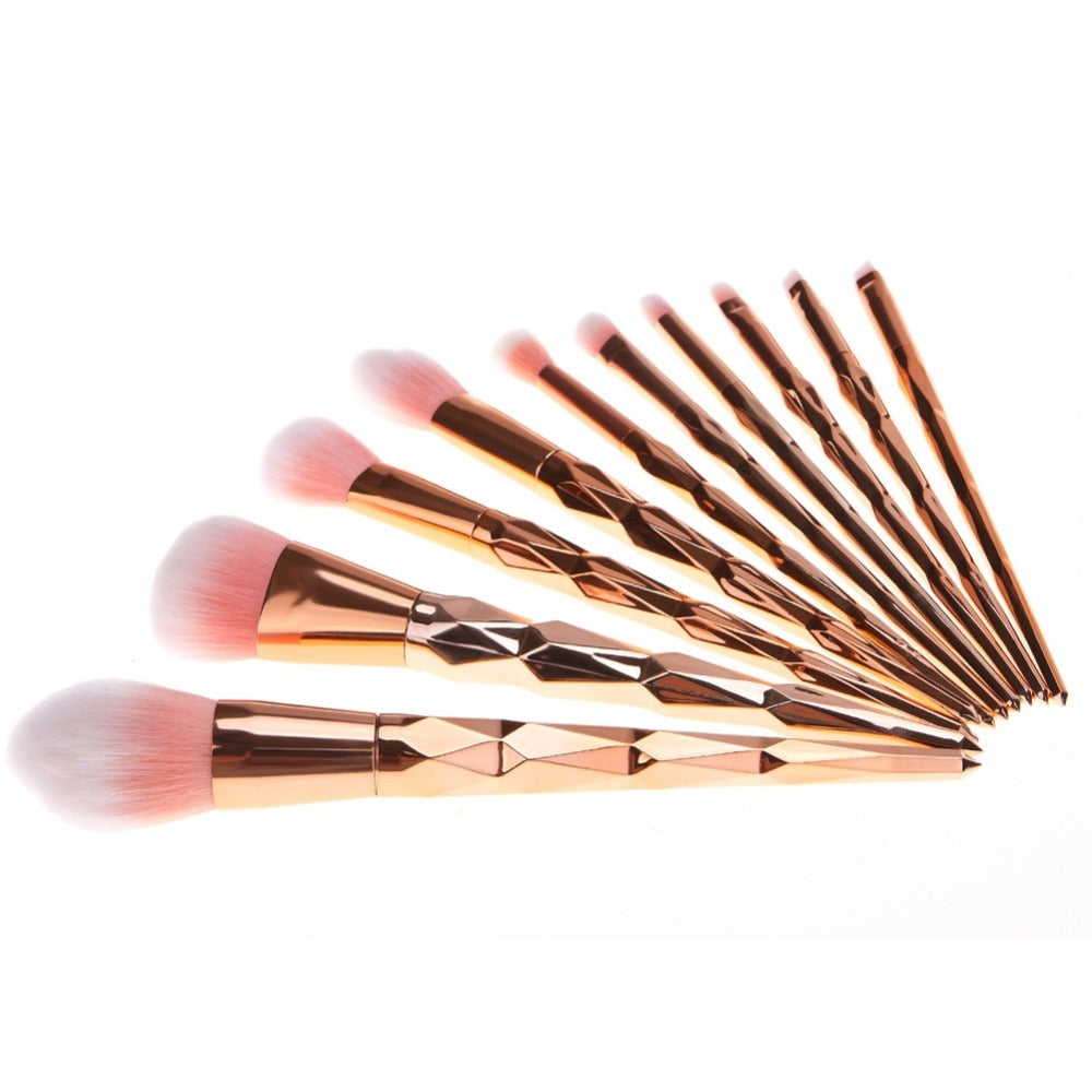 11Pcs Diamond Rose Gold Makeup Brushes Set Mermaid Fishtail Shaped - Horizon Bliss