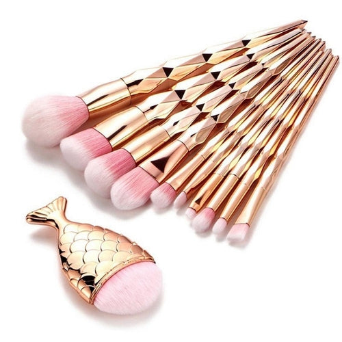 11Pcs Diamond Rose Gold Makeup Brushes Set Mermaid Fishtail Shaped - Horizon Bliss