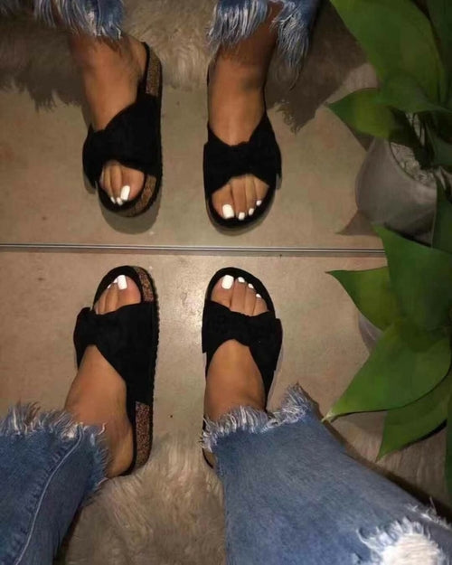 Women Slides 1 Straps Comfy Bow Slide Sandals Black - Horizon Bliss