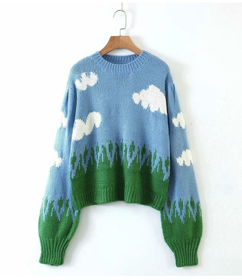 Vintage Knitted Sweater Women Long Sleeve Round Neck Short Pullover - Horizon Bliss