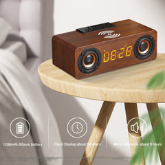 Wooden Retro Theme Wireless Charger Bluetooth Speaker Alarm Clock - Horizon Bliss