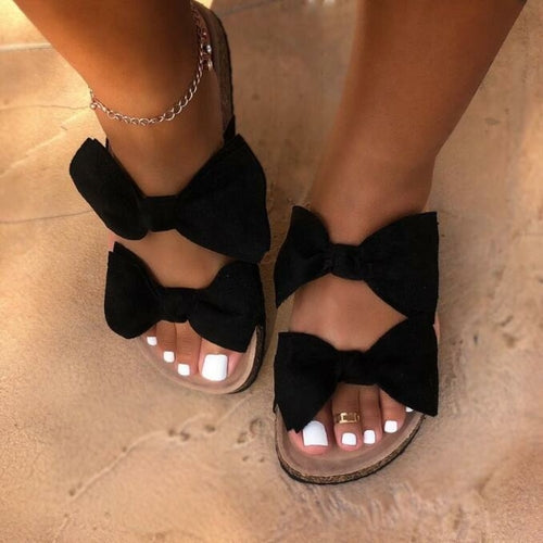 Women Slides 2 Straps Comfy Bow Slide Sandals Black - Horizon Bliss