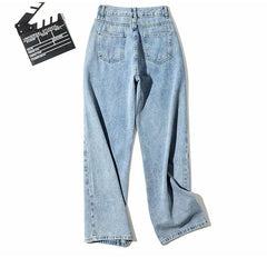 Women's Fake Belt Jeans Buttons straight Pants High Street Denim Loose - Horizon Bliss