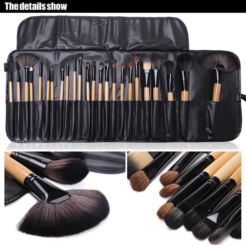 24Pcs Professional Makeup Brush Leather Bag Gift Cosmetic Eyeshadow