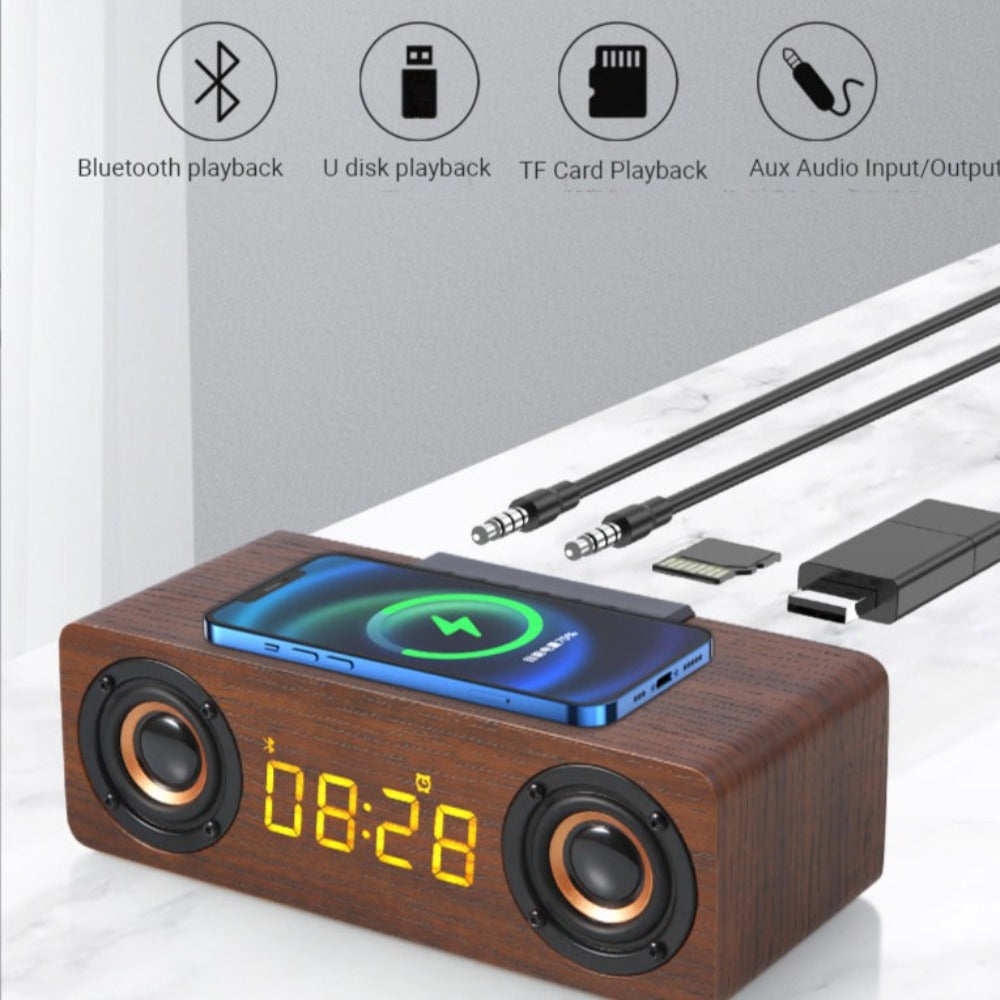 Wooden Retro Theme Wireless Charger Bluetooth Speaker Alarm Clock - Horizon Bliss