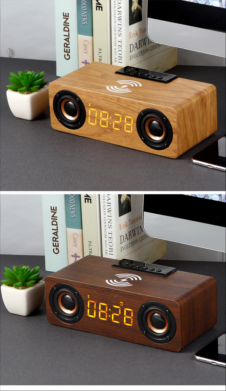 Wooden Retro Theme Wireless Charger Bluetooth Speaker Alarm Clock - Horizon Bliss