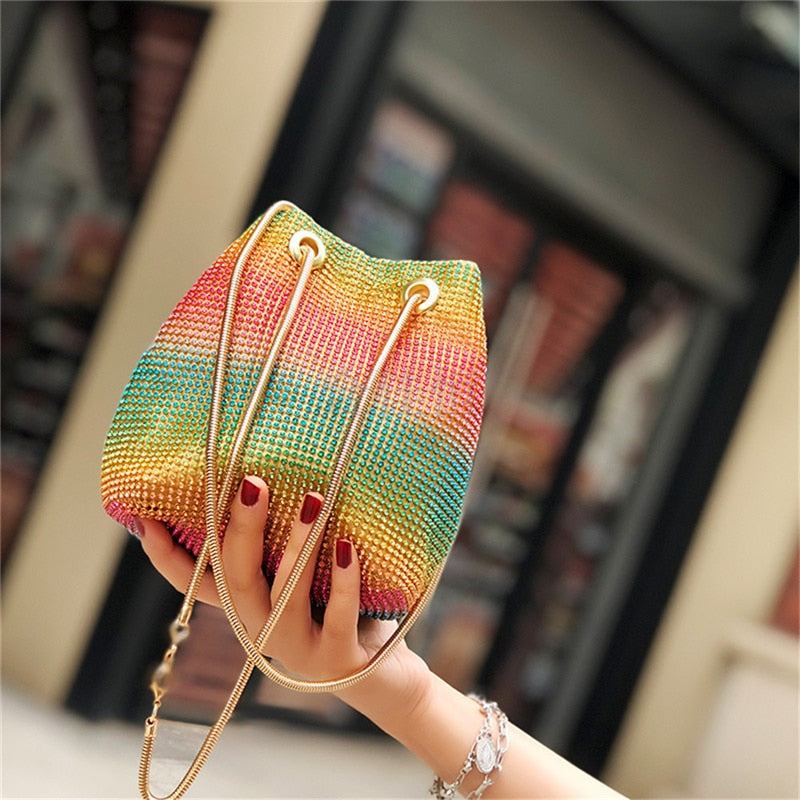 Crystal Bucket Bag for Women Multicolor Rhinestone Beaded Ladies