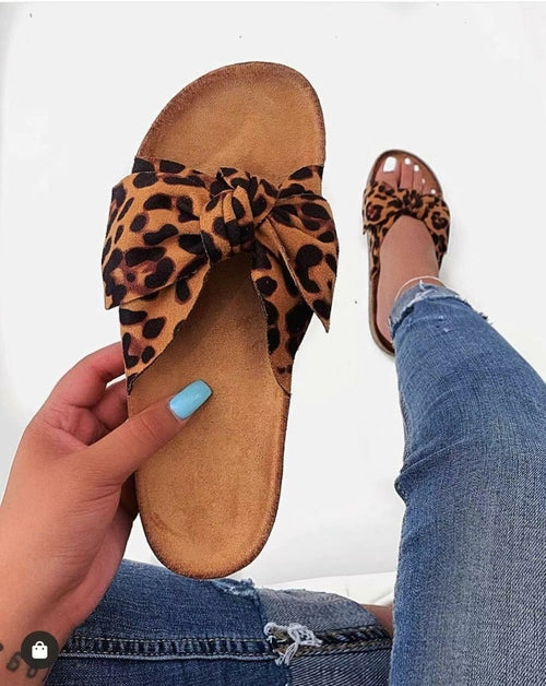 Women Slides 1 Straps Comfy Bow Slide Sandals Leopard - Horizon Bliss