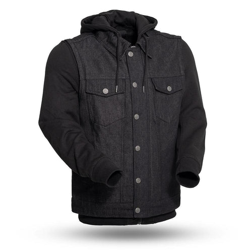 Rook - Men's Motorcycle Denim Vest with Gray/Black Base Hoodie - Horizon Bliss