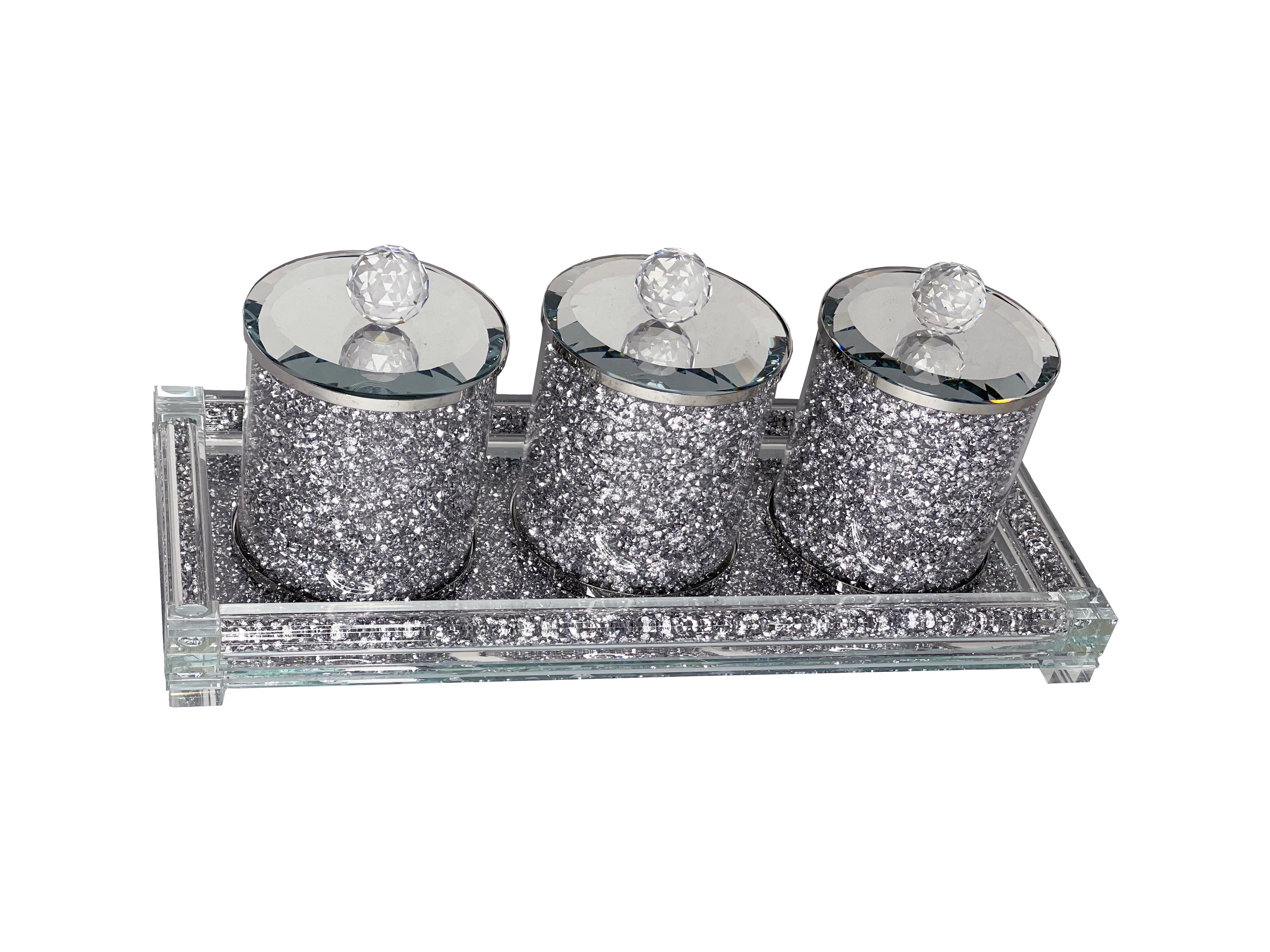 Three Glass Canister Set on a Tray, Silver Crushed Diamond Glass