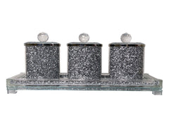 Three Glass Canister Set on a Tray, Silver Crushed Diamond Glass