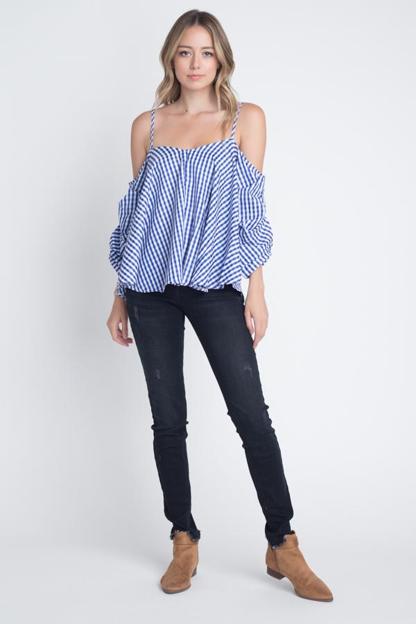 Women's Cold Shoulder Checkered Top - Horizon Bliss