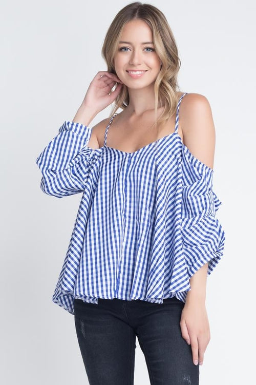 Women's Cold Shoulder Checkered Top - Horizon Bliss