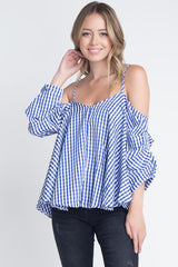 Women's Cold Shoulder Checkered Top - Horizon Bliss