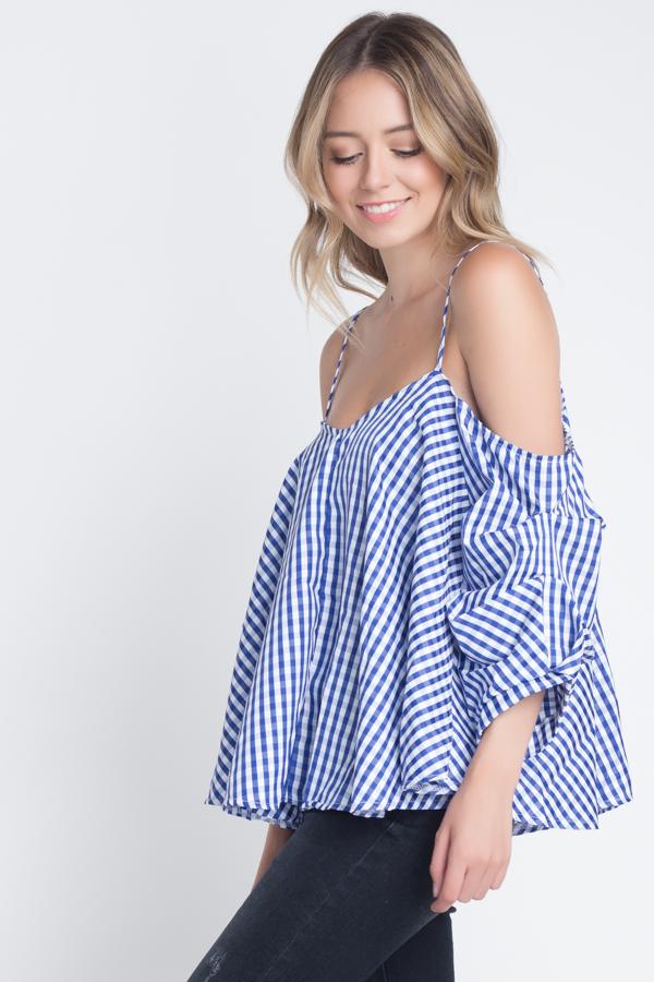 Women's Cold Shoulder Checkered Top - Horizon Bliss