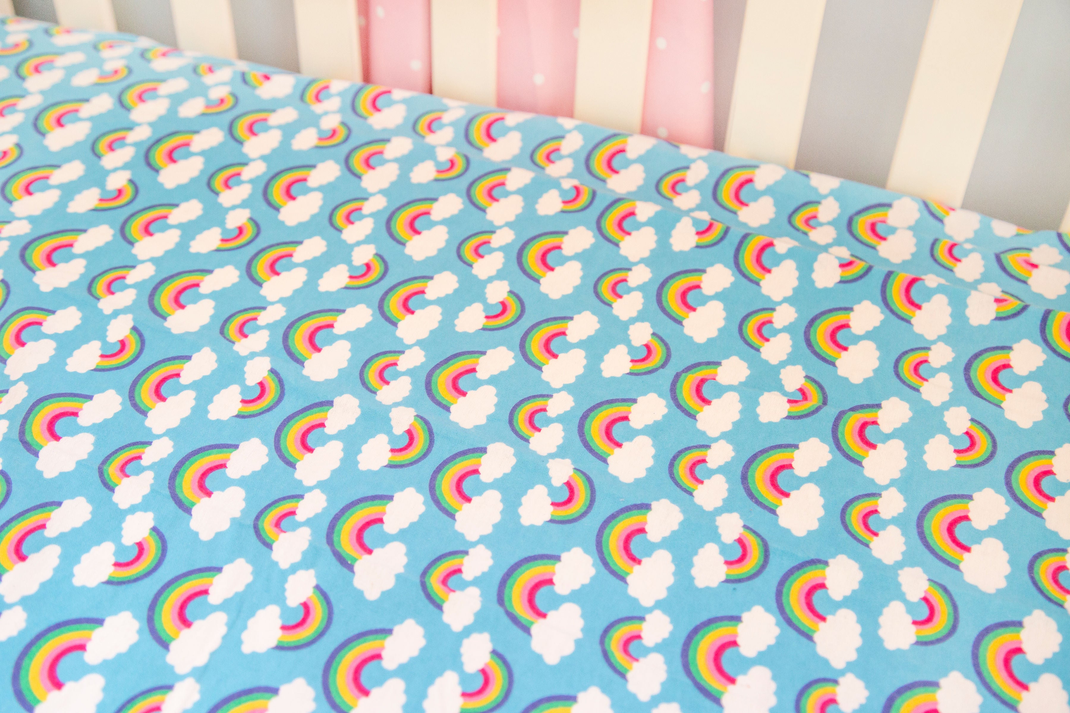 SheetWorld Fitted Cradle Sheet - 100% Cotton Flannel - Rainbows Blue, - Horizon Bliss