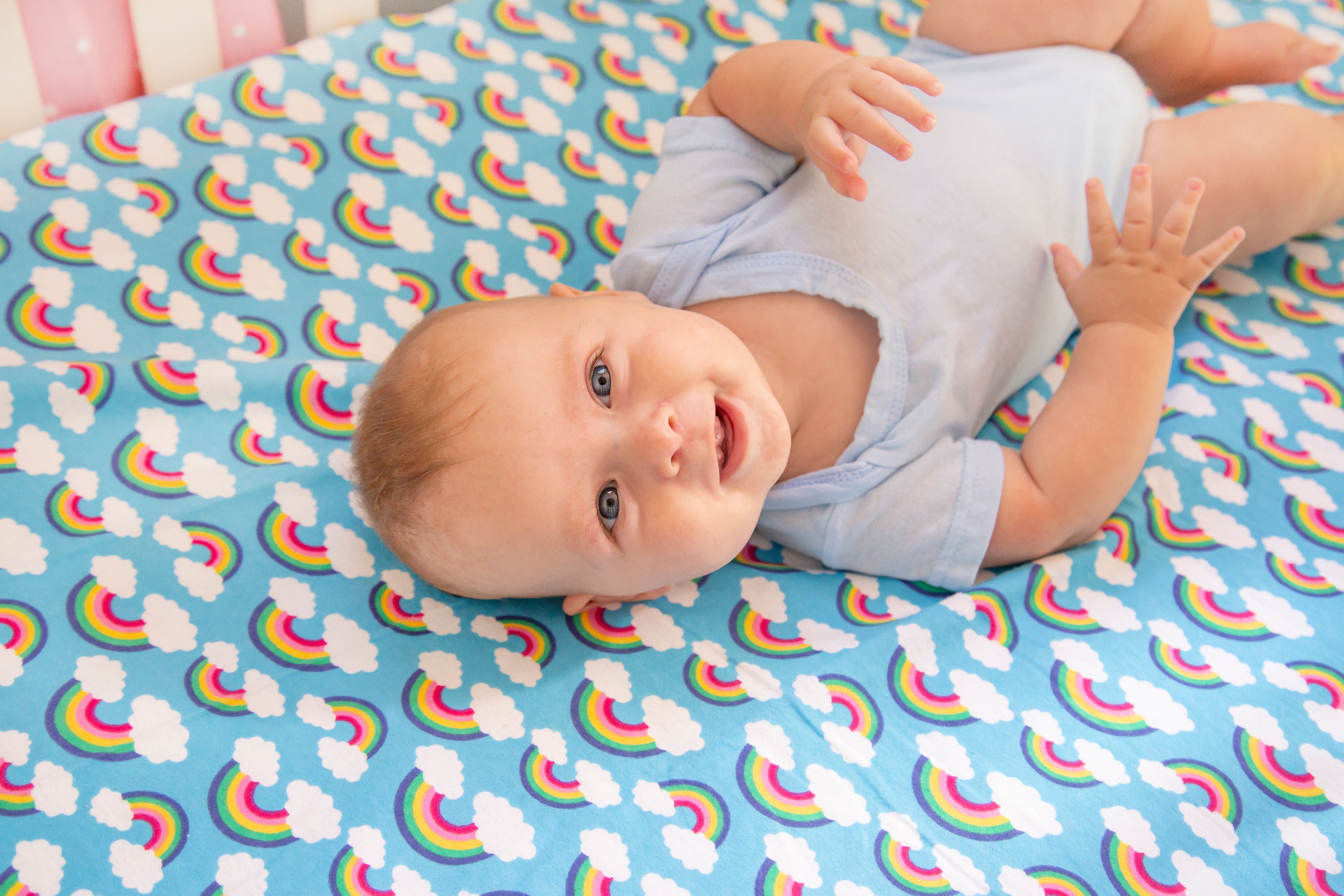 SheetWorld Fitted Cradle Sheet - 100% Cotton Flannel - Rainbows Blue, - Horizon Bliss