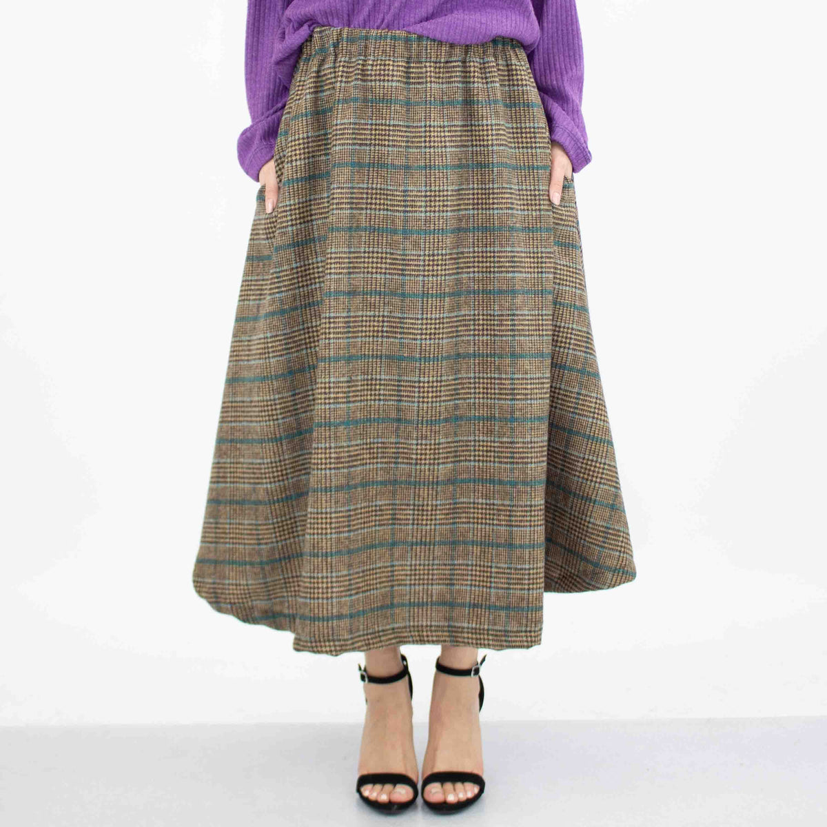 Plaid Flare Midi Skirt with Side Pockets - Blue - Horizon Bliss