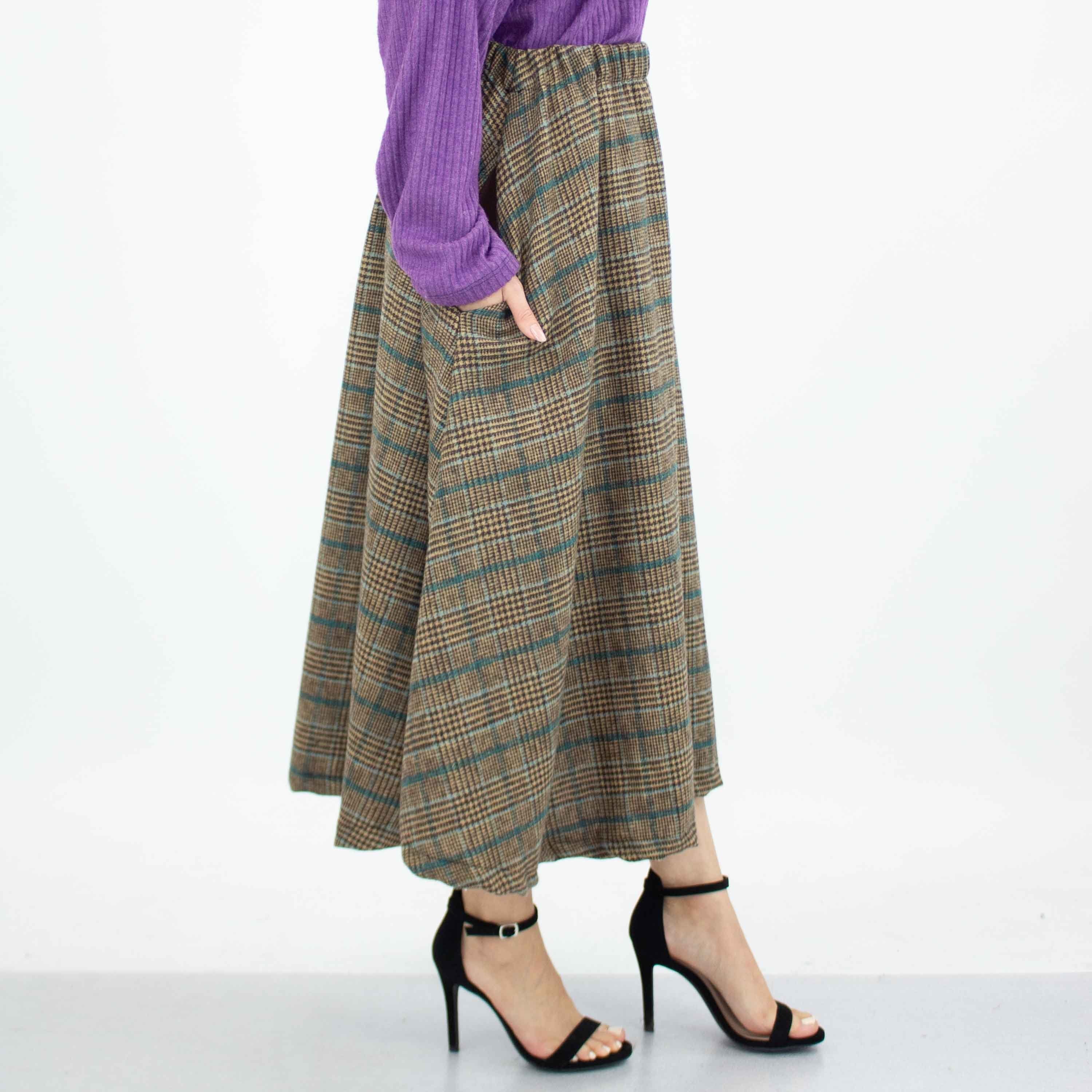 Plaid Flare Midi Skirt with Side Pockets - Blue - Horizon Bliss