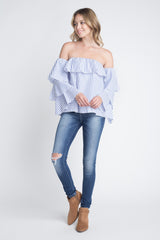 Women's Off Shoulder Stripe Ruffle Long Sleeve Top - Horizon Bliss