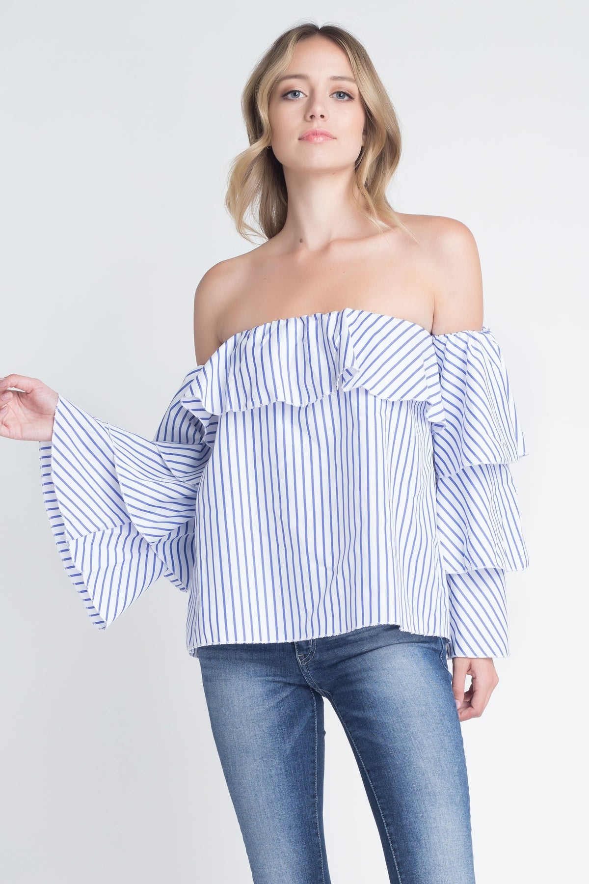 Women's Off Shoulder Stripe Ruffle Long Sleeve Top - Horizon Bliss