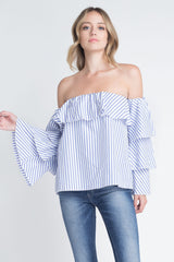 Women's Off Shoulder Stripe Ruffle Long Sleeve Top - Horizon Bliss