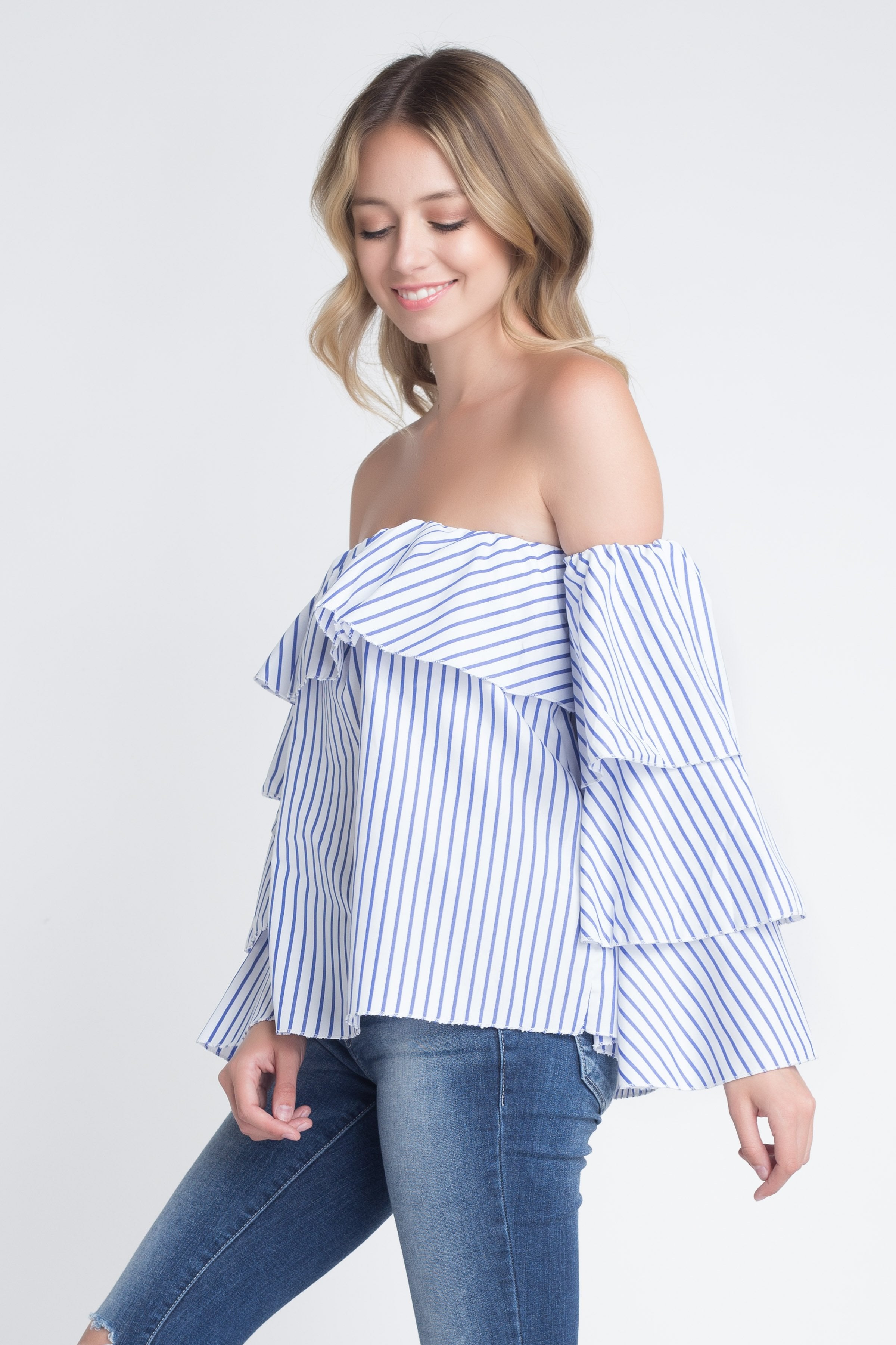 Women's Off Shoulder Stripe Ruffle Long Sleeve Top - Horizon Bliss